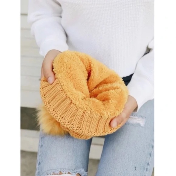 Mustard Pom Faux Sherpa Lined Knit Beanie - Picture 2 of 4